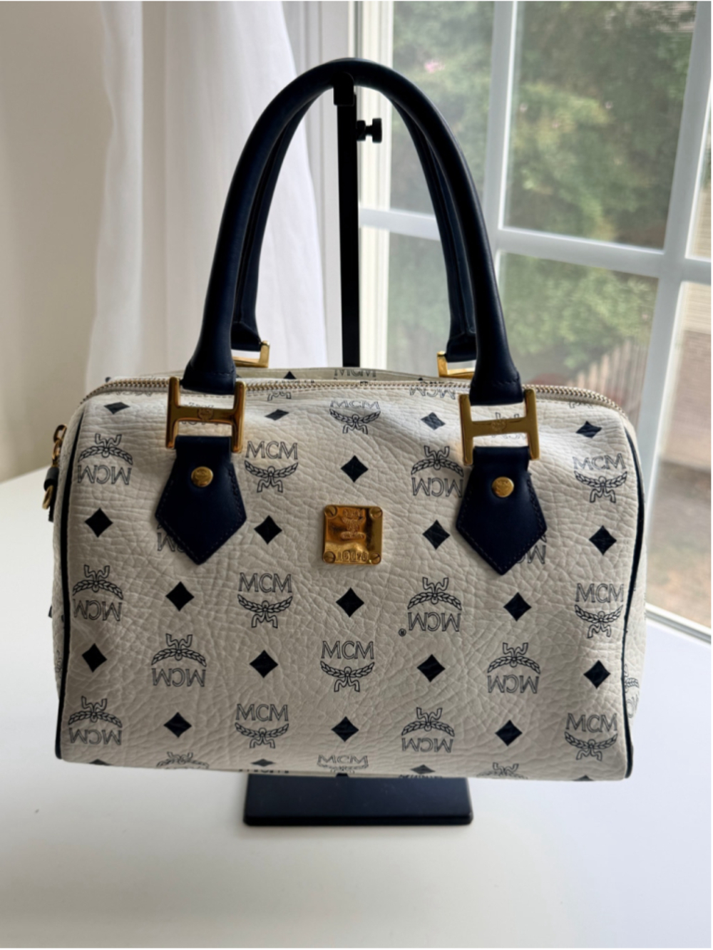 MCM Vintage Visetos Boston Bag White Navy Blue Gold Hardware